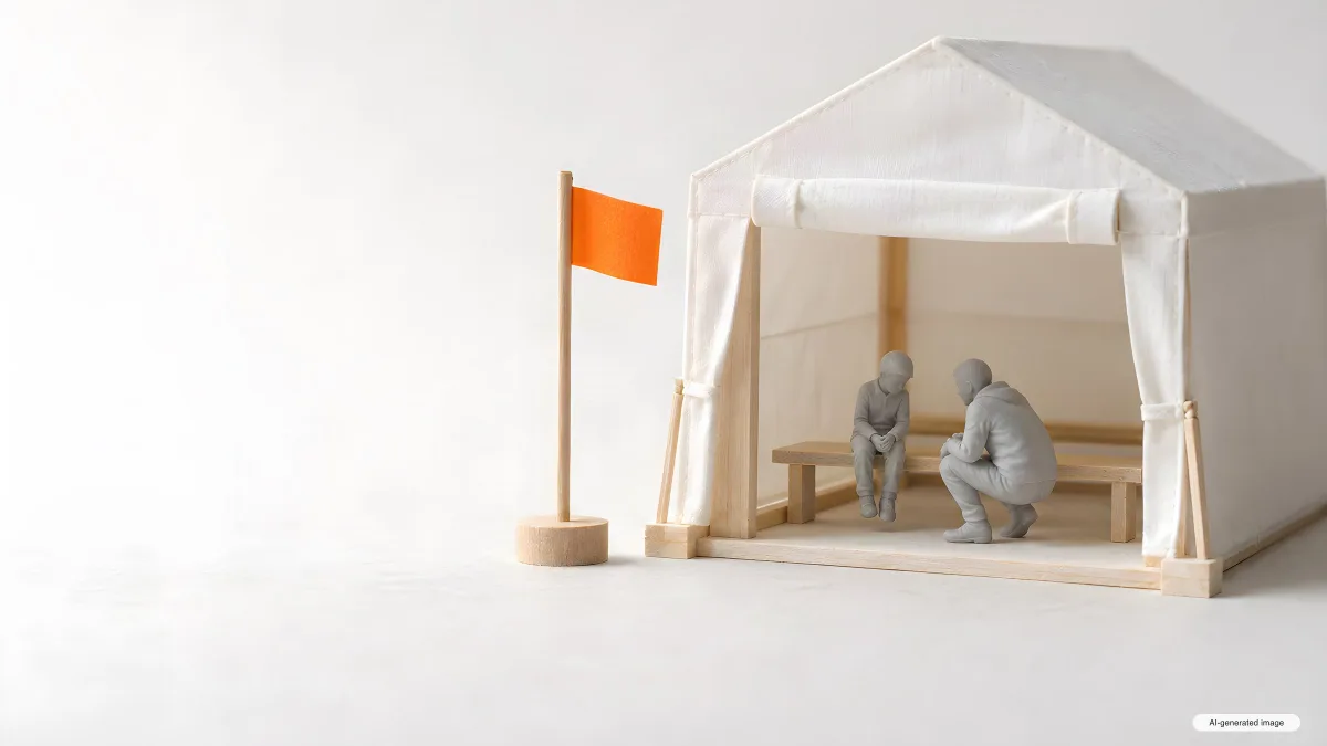 A small white model welfare tent: one figure sits on a bench while another kneels beside them.